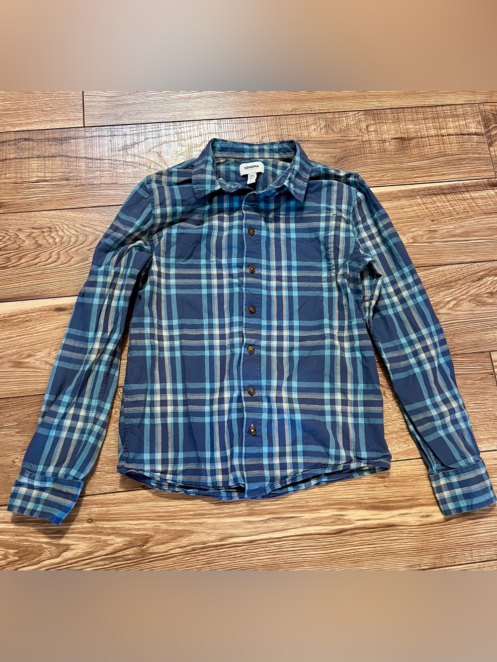 Sonoma Boys Navy and Teal Plaid Button-Down Shirt